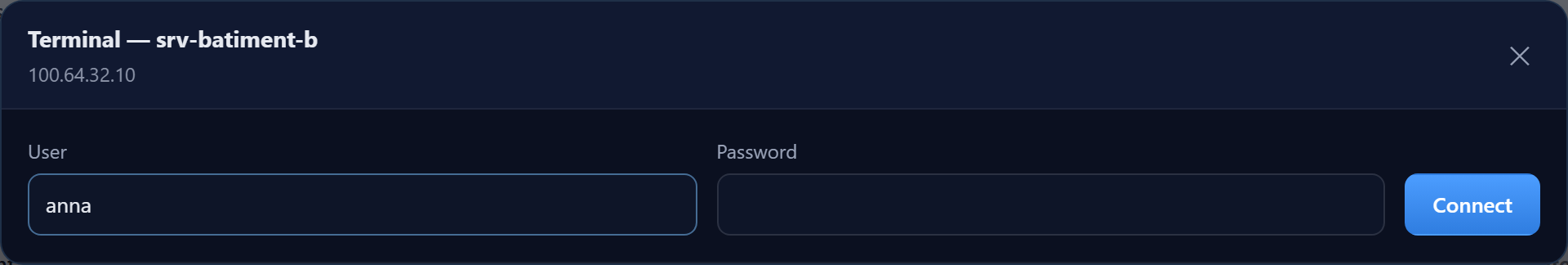Terminal panel: user and password fields, Connect button.