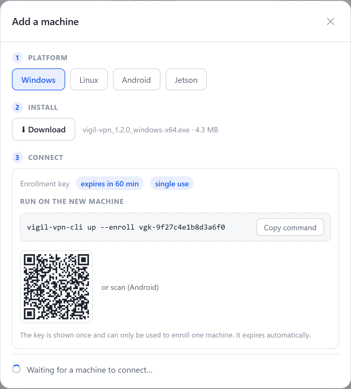 'Add a machine' wizard: platform choice, client download, enrollment key and command to run.