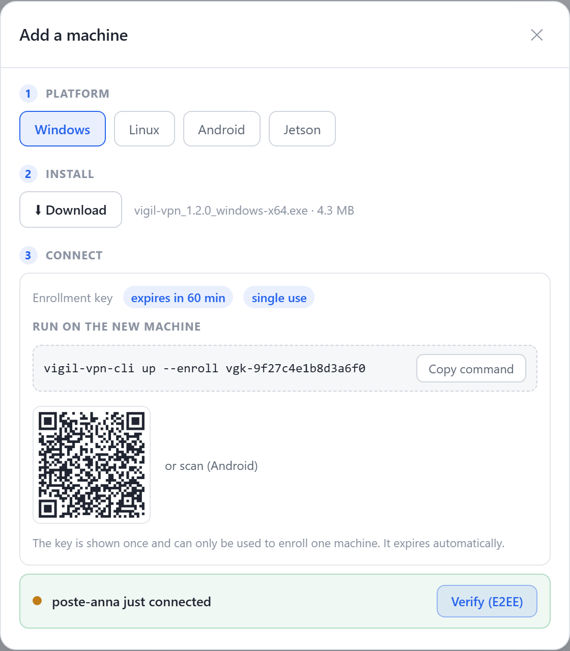 Screenshot of the assistant: the machine “poste-anna” just connected, with the “Verify (E2EE)” button.